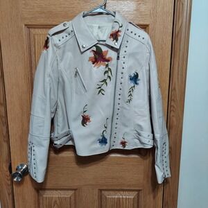 Floral Studded Faux Leather Biker Jacket Zip Snap Embroidered Cream Women Large